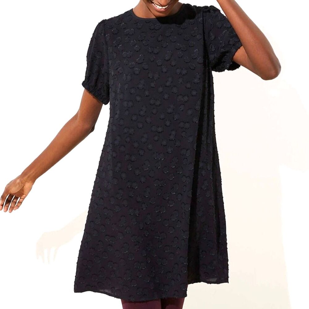 LOFT Black Textured Dot Shift Dress Large Short Sleeve A-Line Mini Career Chic
